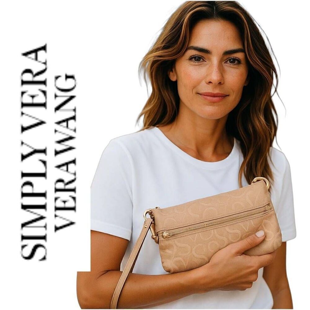 Simply Vera Wang Neutral Fold Over Zip Wallet Pouch Bag Clutch Cosmetic Wristlet